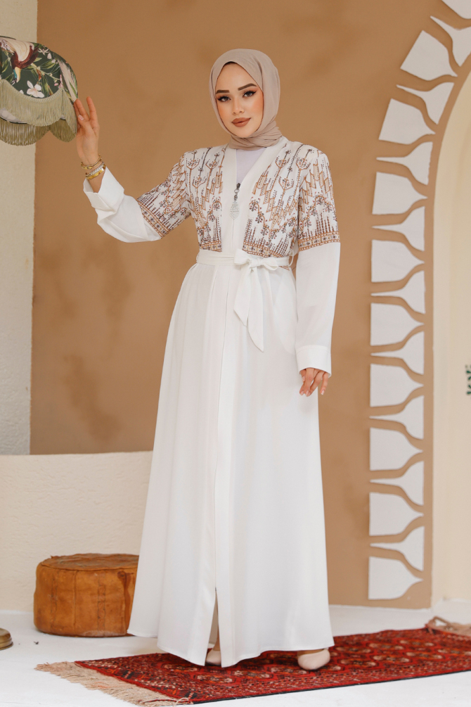 Nakış Desenli Ekru Tesettür Abaya 25201E - 2