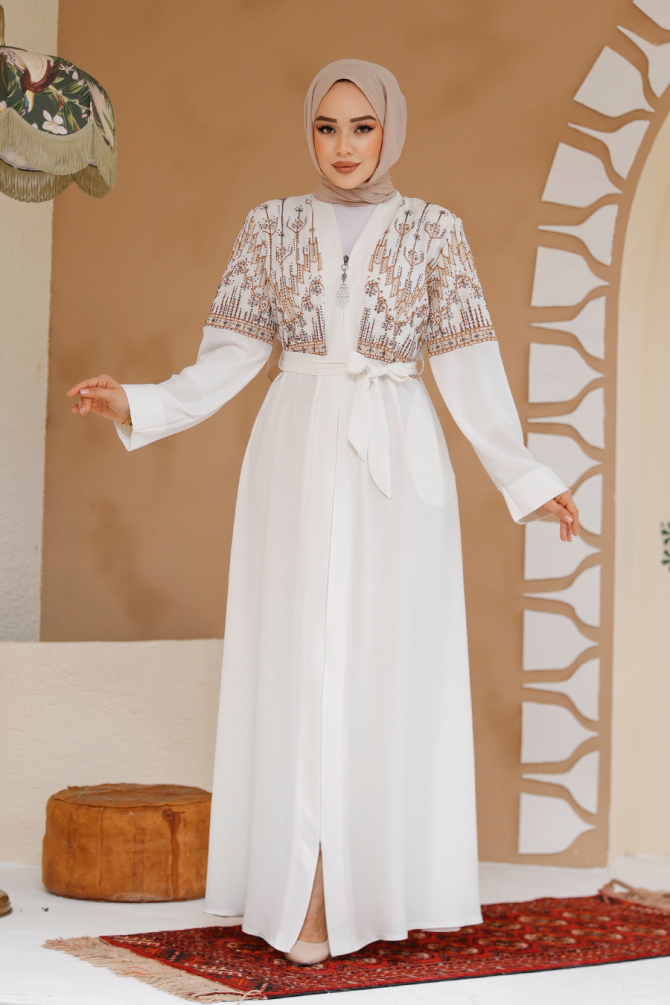 Nakış Desenli Ekru Tesettür Abaya 25201E - 1
