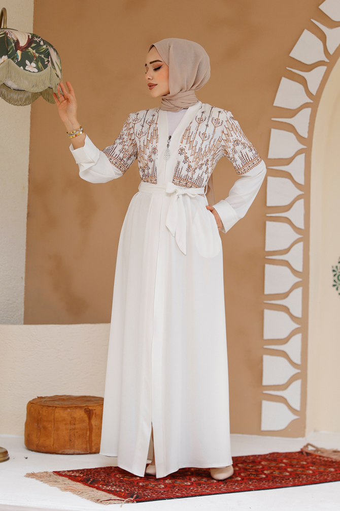 Nakış Desenli Ekru Tesettür Abaya 25201E - 3