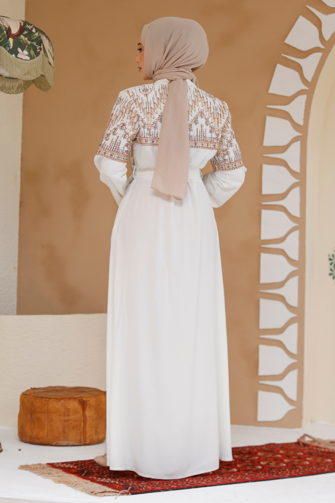 Nakış Desenli Ekru Tesettür Abaya 25201E - 4
