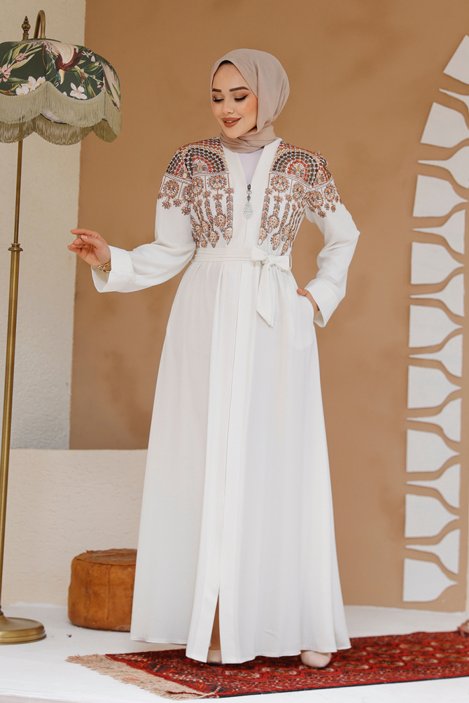 Nakış Desenli Ekru Tesettür Abaya 25402E - 2