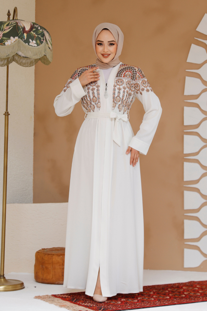 Nakış Desenli Ekru Tesettür Abaya 25402E - 4