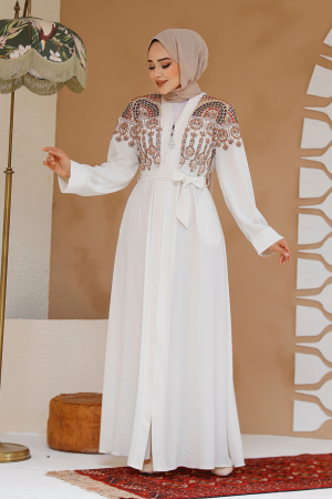 Nakış Desenli Ekru Tesettür Abaya 25402E - 1