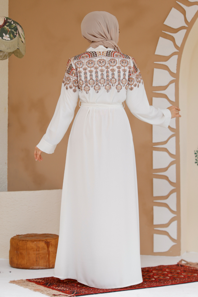 Nakış Desenli Ekru Tesettür Abaya 25402E - 5