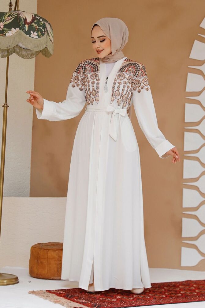 Nakış Desenli Ekru Tesettür Abaya 25402E - 1