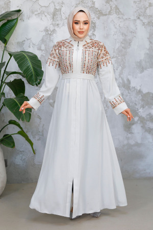 Nakış Desenli Ekru Tesettür Abaya 90313E - 1