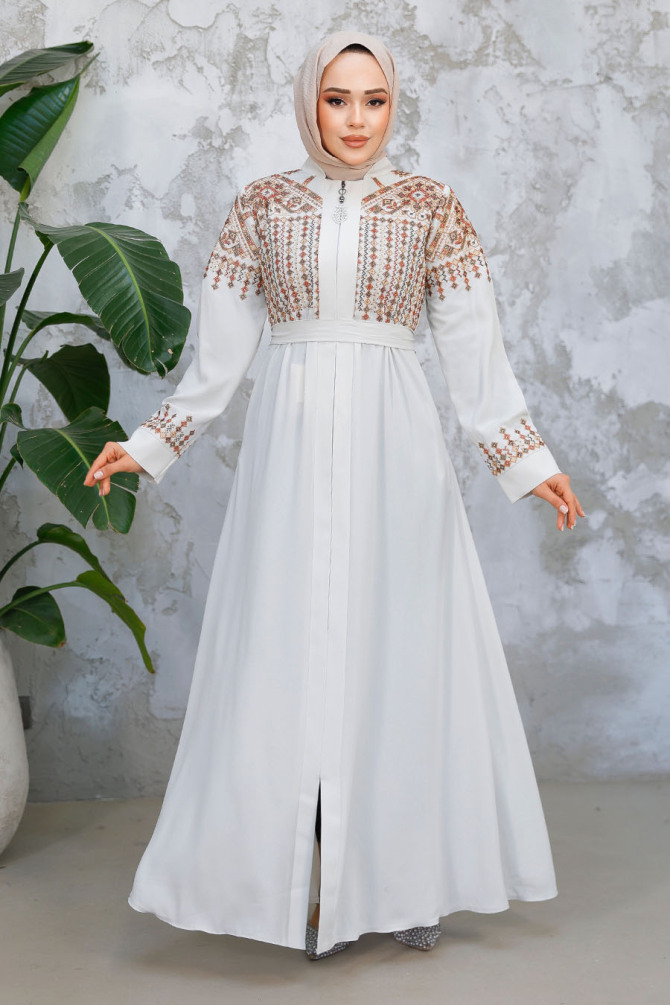 Nakış Desenli Ekru Tesettür Abaya 90313E - 1