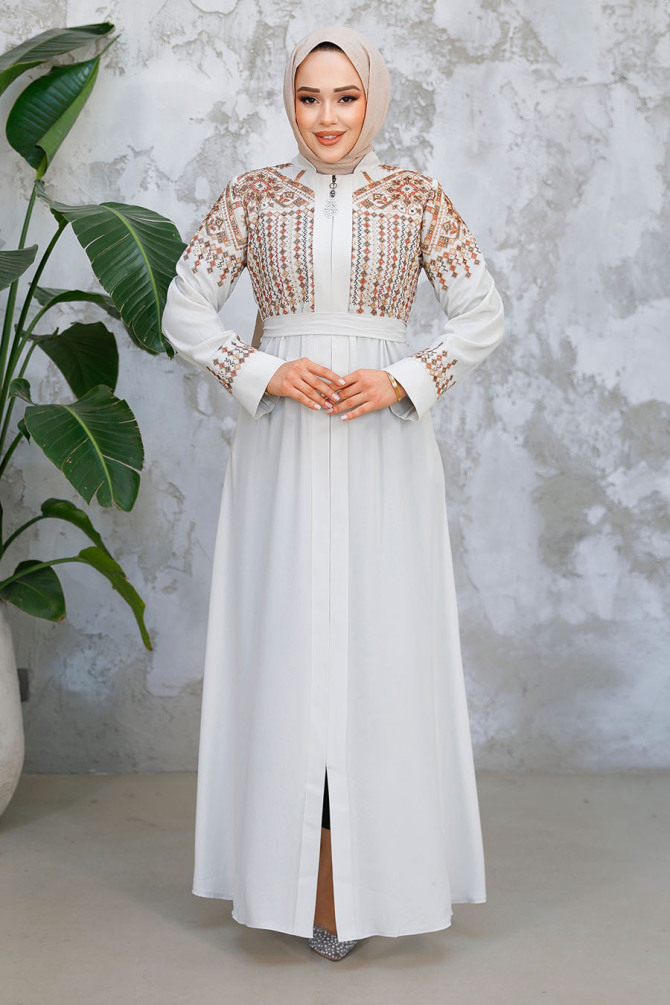 Nakış Desenli Ekru Tesettür Abaya 90313E - 2