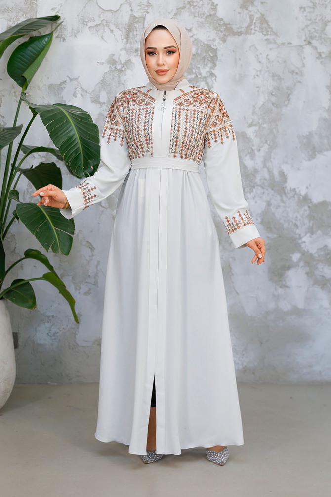 Nakış Desenli Ekru Tesettür Abaya 90313E - 3