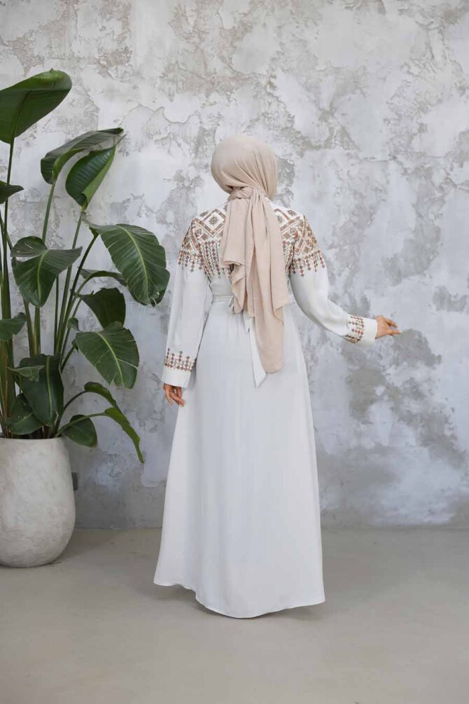 Nakış Desenli Ekru Tesettür Abaya 90313E - 4