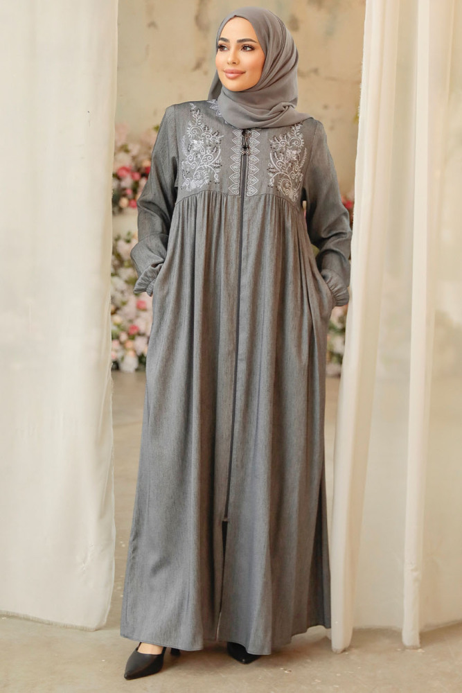 Nakış Desenli Füme Tesettür Ferace 45279FU - 2