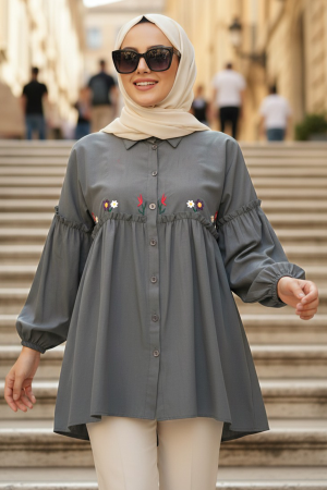 Nakış Desenli Füme Tesettür Tunik 40603FU - 1
