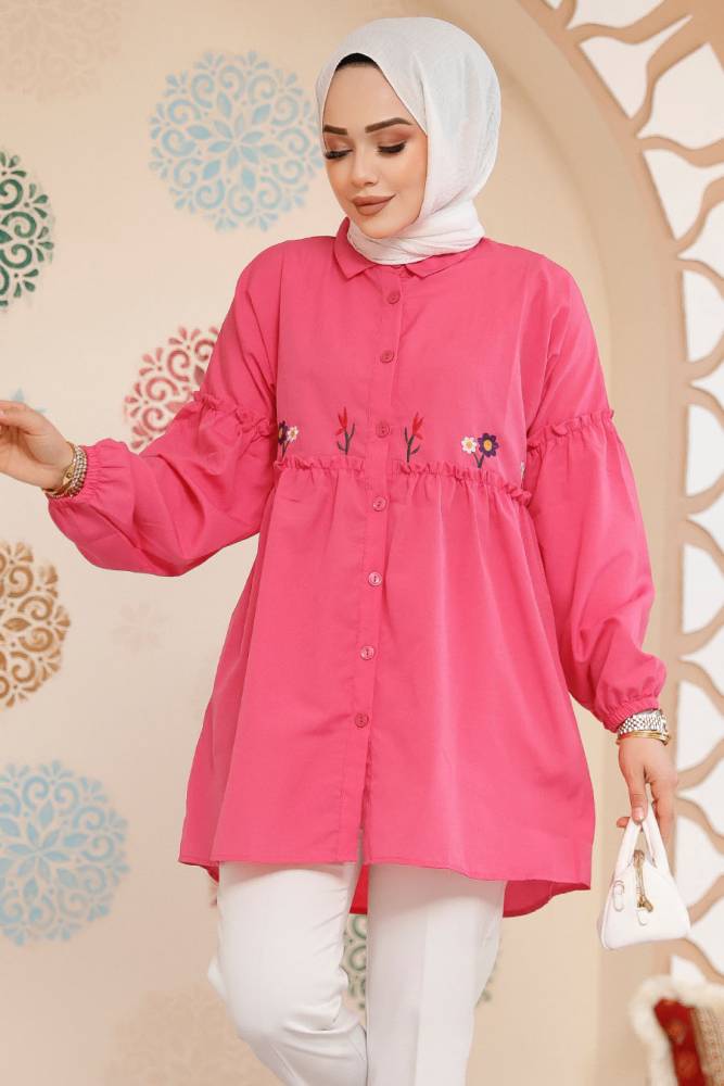 Nakış Desenli FuşyaTesettür Tunik 40603F - NEVA STYLE