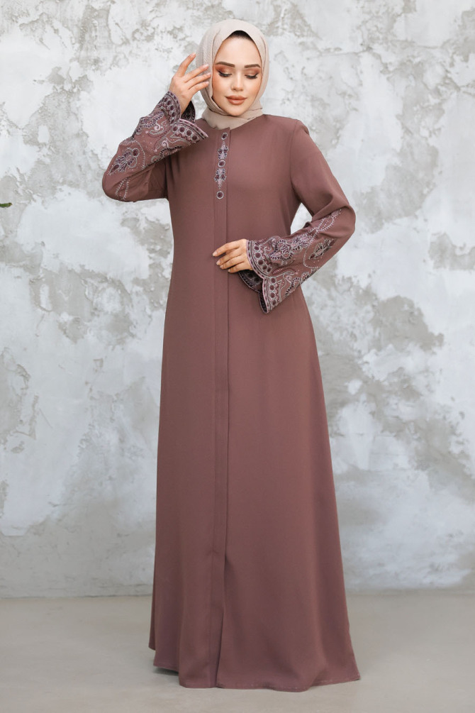 Nakış Desenli Gül Kurusu Tesettür Abaya 98221GK - 2