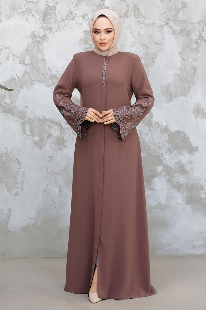 Nakış Desenli Gül Kurusu Tesettür Abaya 98221GK - 3