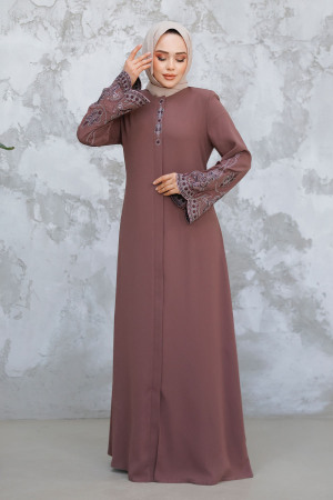 Nakış Desenli Gül Kurusu Tesettür Abaya 98221GK - 4