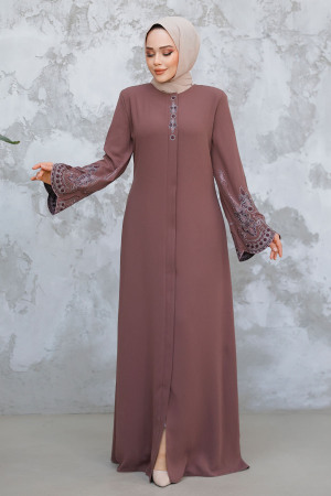 Nakış Desenli Gül Kurusu Tesettür Abaya 98221GK - 1