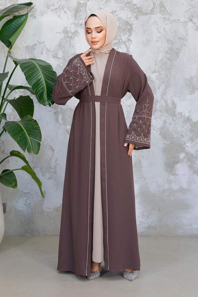 Nakış Desenli Kahverengi Tesettür Abaya Takım 29126KH - 1