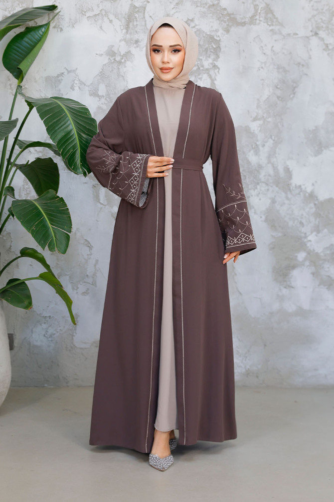 Nakış Desenli Kahverengi Tesettür Abaya Takım 29126KH - 2