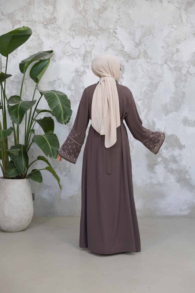 Nakış Desenli Kahverengi Tesettür Abaya Takım 29126KH - 3