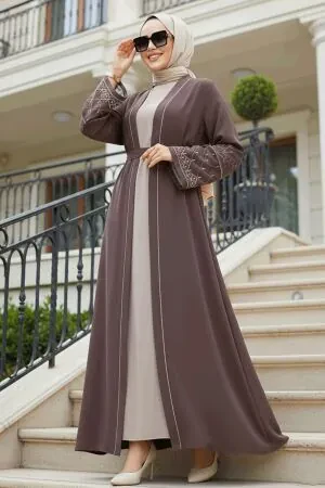 Nakış Desenli Kahverengi Tesettür Abaya Takım 29126KH - 1