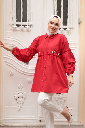 Nakış Desenli Kırmızı Tesettür Tunik 40603K - 1
