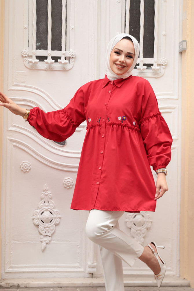 Nakış Desenli Kırmızı Tesettür Tunik 40603K - 1