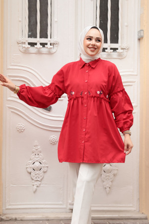 Nakış Desenli Kırmızı Tesettür Tunik 40603K - 2