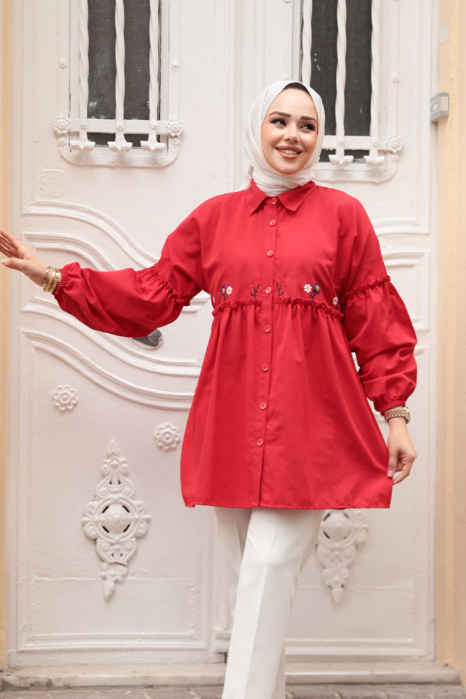 Nakış Desenli Kırmızı Tesettür Tunik 40603K - 2