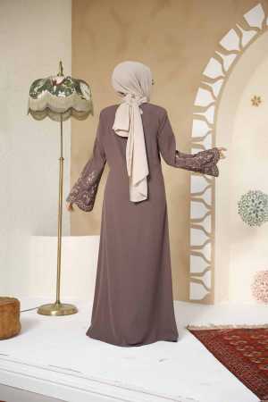 Nakış Desenli Koyu Vizon Tesettür Abaya 98221KV - 4