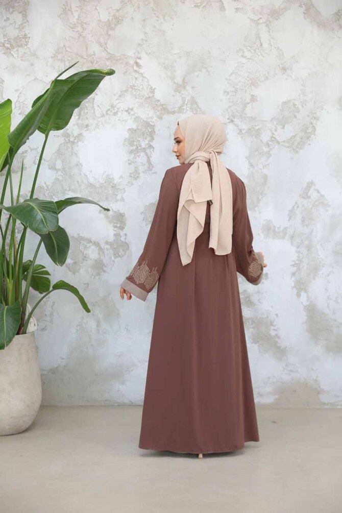 Nakış Desenli Koyu Vizon Tesettür Abaya Takım 29128KV - 4