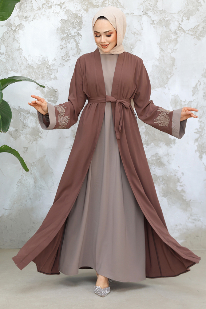 Nakış Desenli Koyu Vizon Tesettür Abaya Takım 29128KV - 1