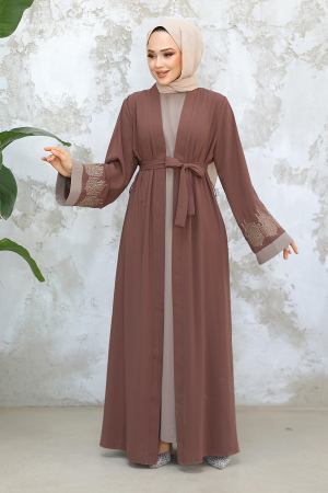 Nakış Desenli Koyu Vizon Tesettür Abaya Takım 29128KV - 2