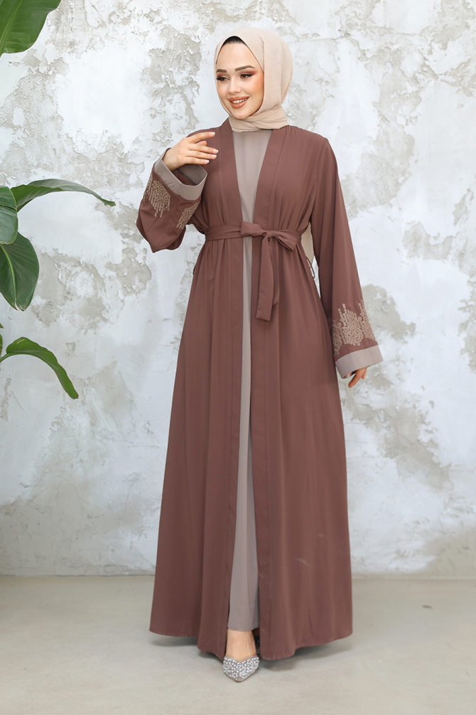 Nakış Desenli Koyu Vizon Tesettür Abaya Takım 29128KV - 3