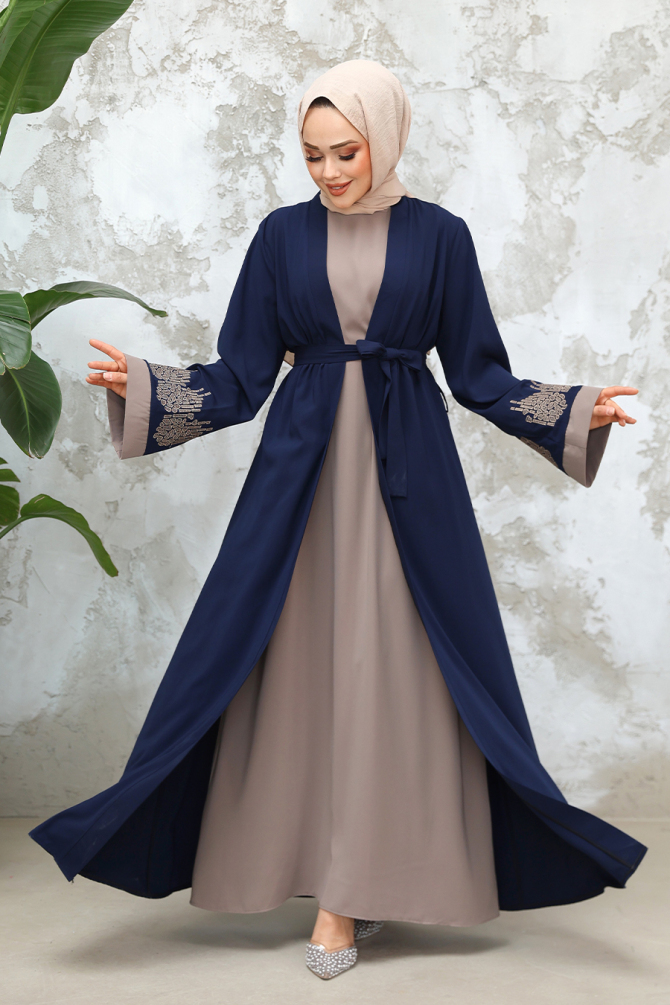Nakış Desenli Lacivert Tesettür Abaya Takım 29128L - 1