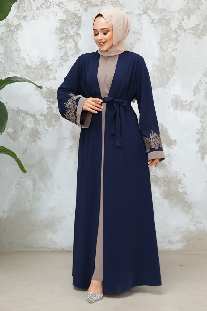 Nakış Desenli Lacivert Tesettür Abaya Takım 29128L - 2