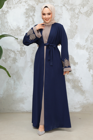 Nakış Desenli Lacivert Tesettür Abaya Takım 29128L - 3