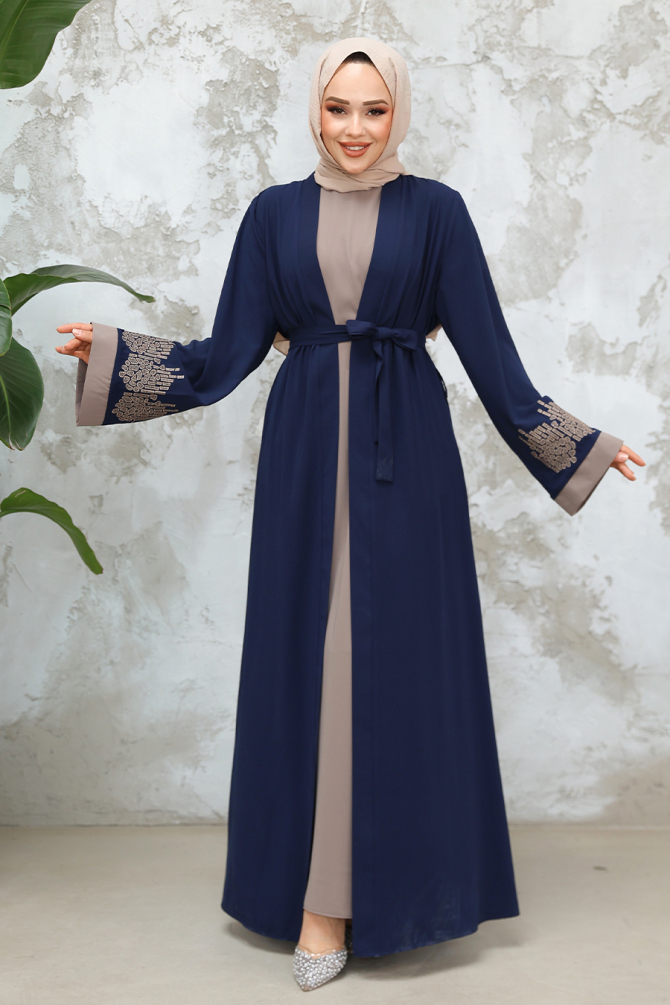 Nakış Desenli Lacivert Tesettür Abaya Takım 29128L - 4