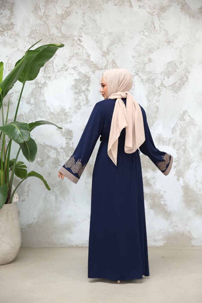 Nakış Desenli Lacivert Tesettür Abaya Takım 29128L - 5