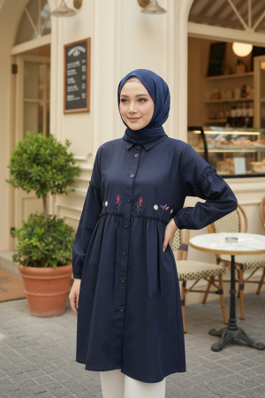 Nakış Desenli Lacivert Tesettür Tunik 40603L - 1