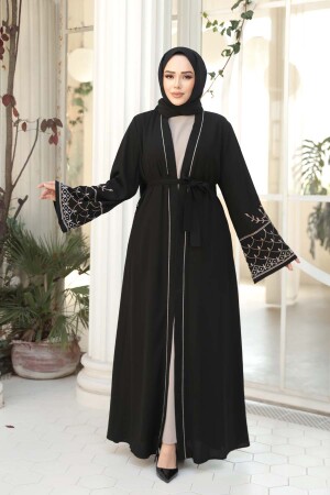 Nakış Desenli Siyah Bej Tesettür Abaya Takım 29126SBEJ - NEVA STYLE