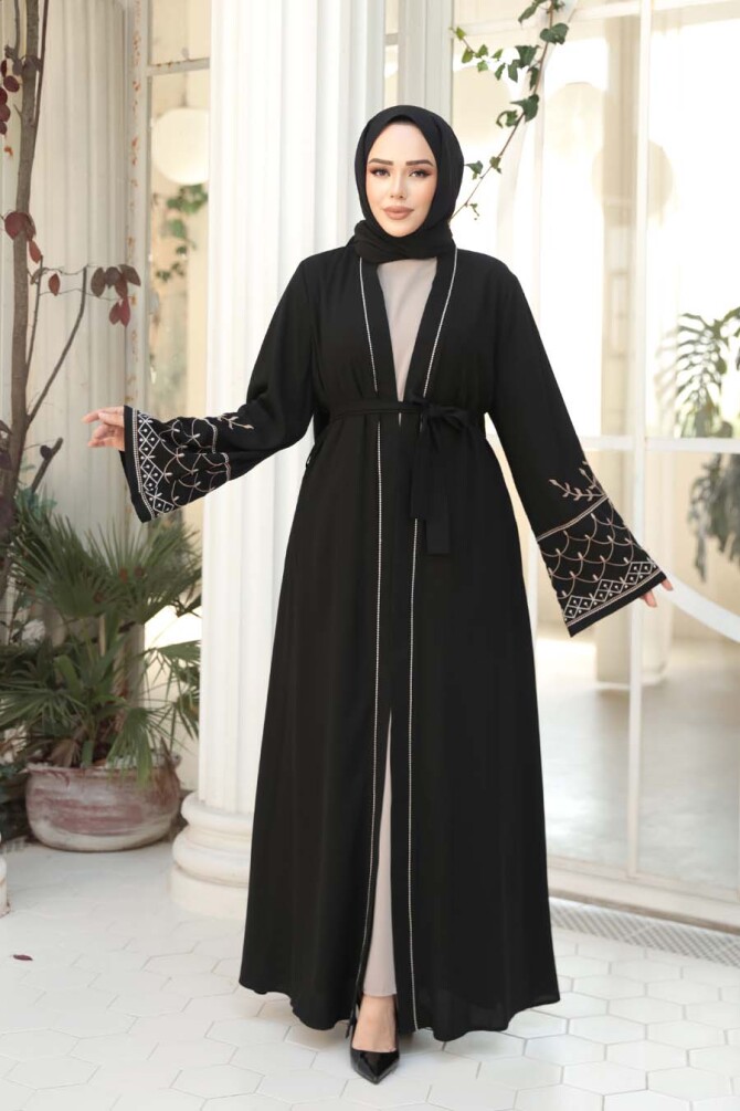 Nakış Desenli Siyah Bej Tesettür Abaya Takım 29126SBEJ - NEVA STYLE