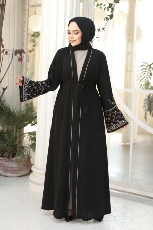 Nakış Desenli Siyah Bej Tesettür Abaya Takım 29126SBEJ - 2