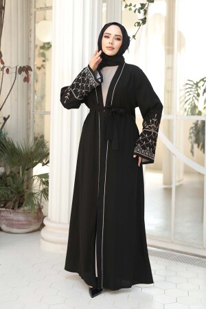 Nakış Desenli Siyah Bej Tesettür Abaya Takım 29126SBEJ - 3