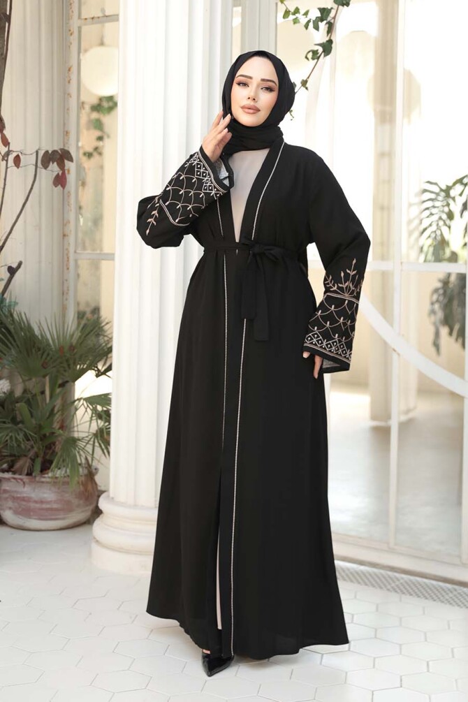 Nakış Desenli Siyah Bej Tesettür Abaya Takım 29126SBEJ - 3