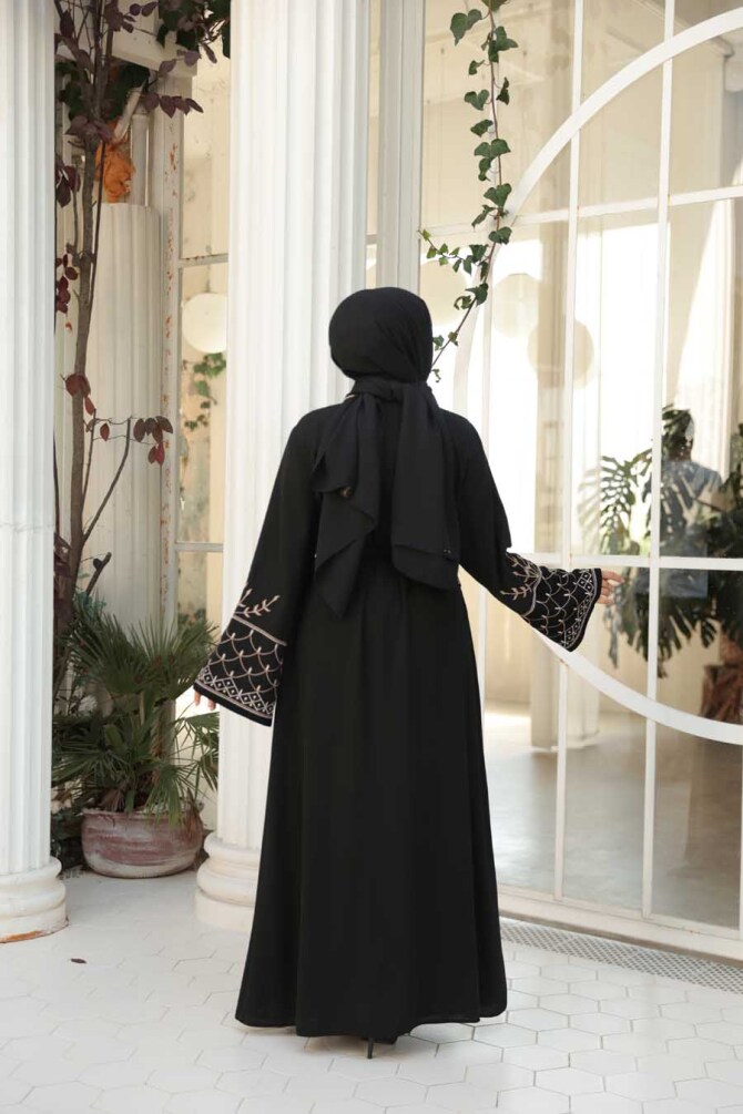Nakış Desenli Siyah Bej Tesettür Abaya Takım 29126SBEJ - 4