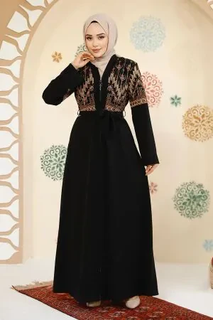 Nakış Desenli Siyah Tesettür Abaya 25201S - 1