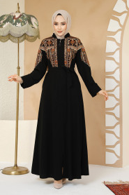 Nakış Desenli Siyah Tesettür Abaya 25301S - 1