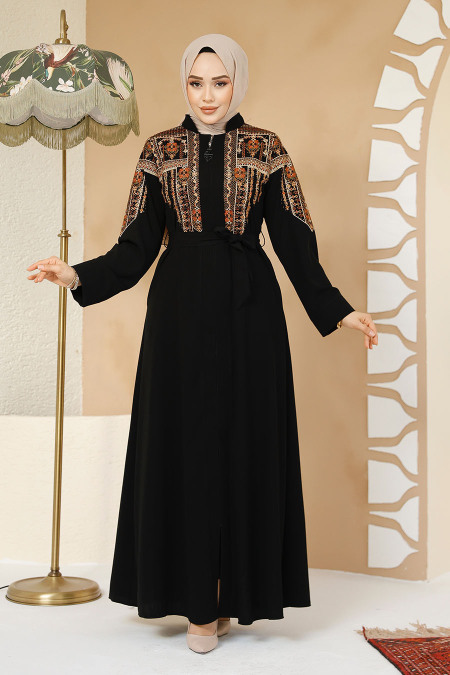 Nakış Desenli Siyah Tesettür Abaya 25301S - 1