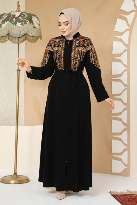 Nakış Desenli Siyah Tesettür Abaya 25301S - 2